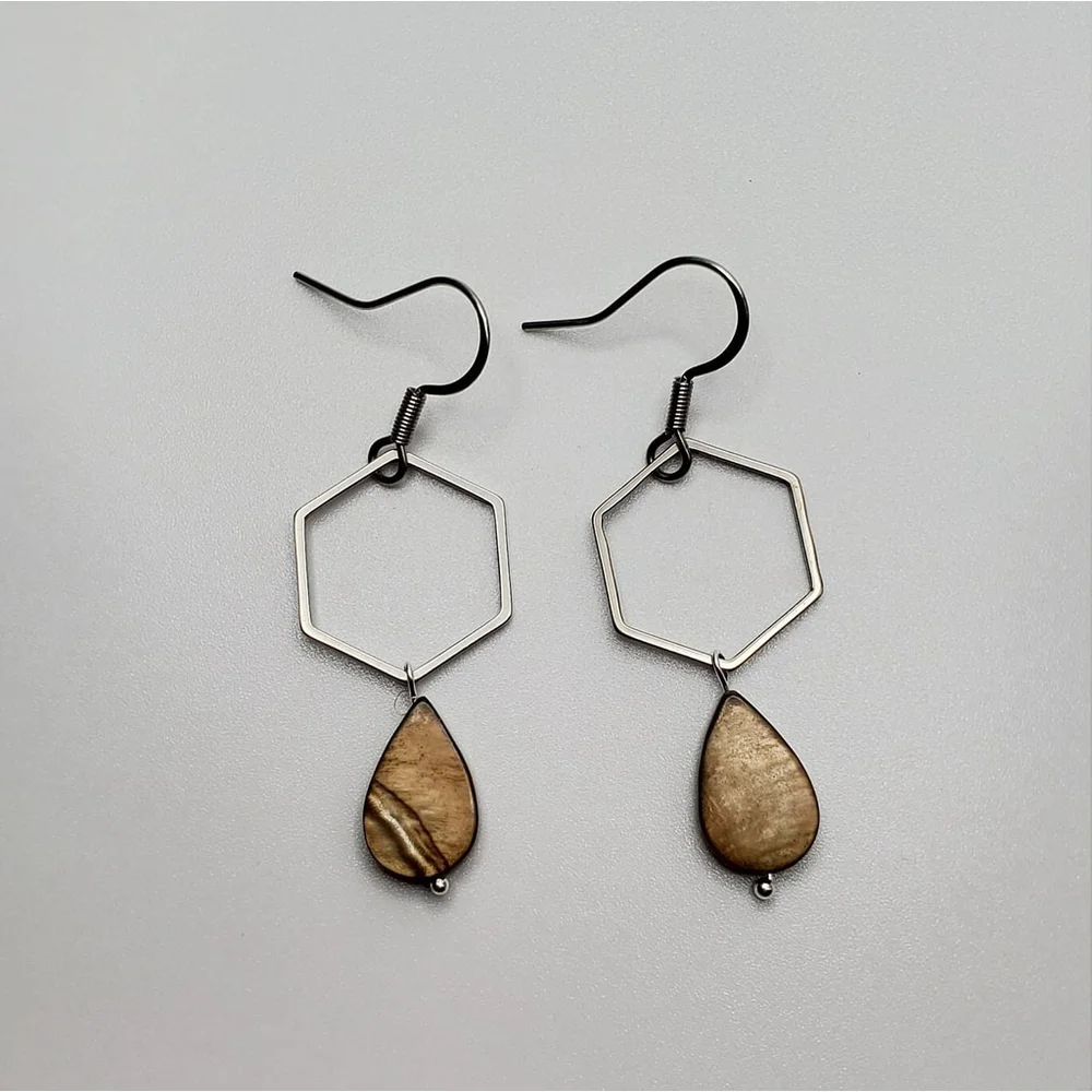 Modern Hexagon Earrings Brown Teardrop Shell Anti-Tarnish Stainless Steel Hooks